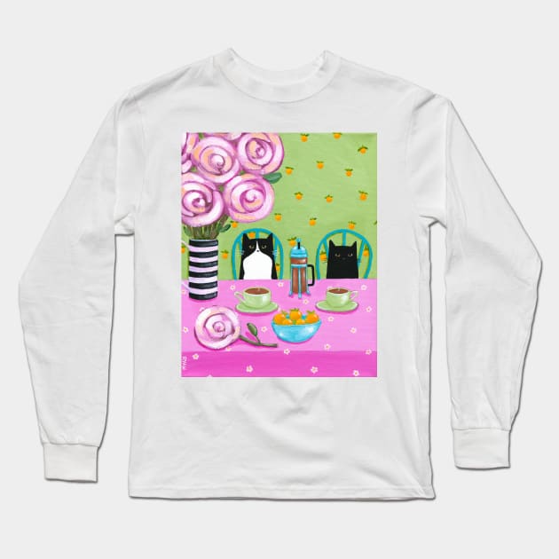 Morning French Press Coffee Cats Long Sleeve T-Shirt by KilkennyCat Art